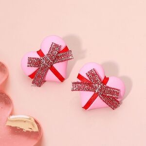 Pink Heart Stud Earrings 0.9" Gift Wrapped Ribbon Polymer Post Fashion Jewelry